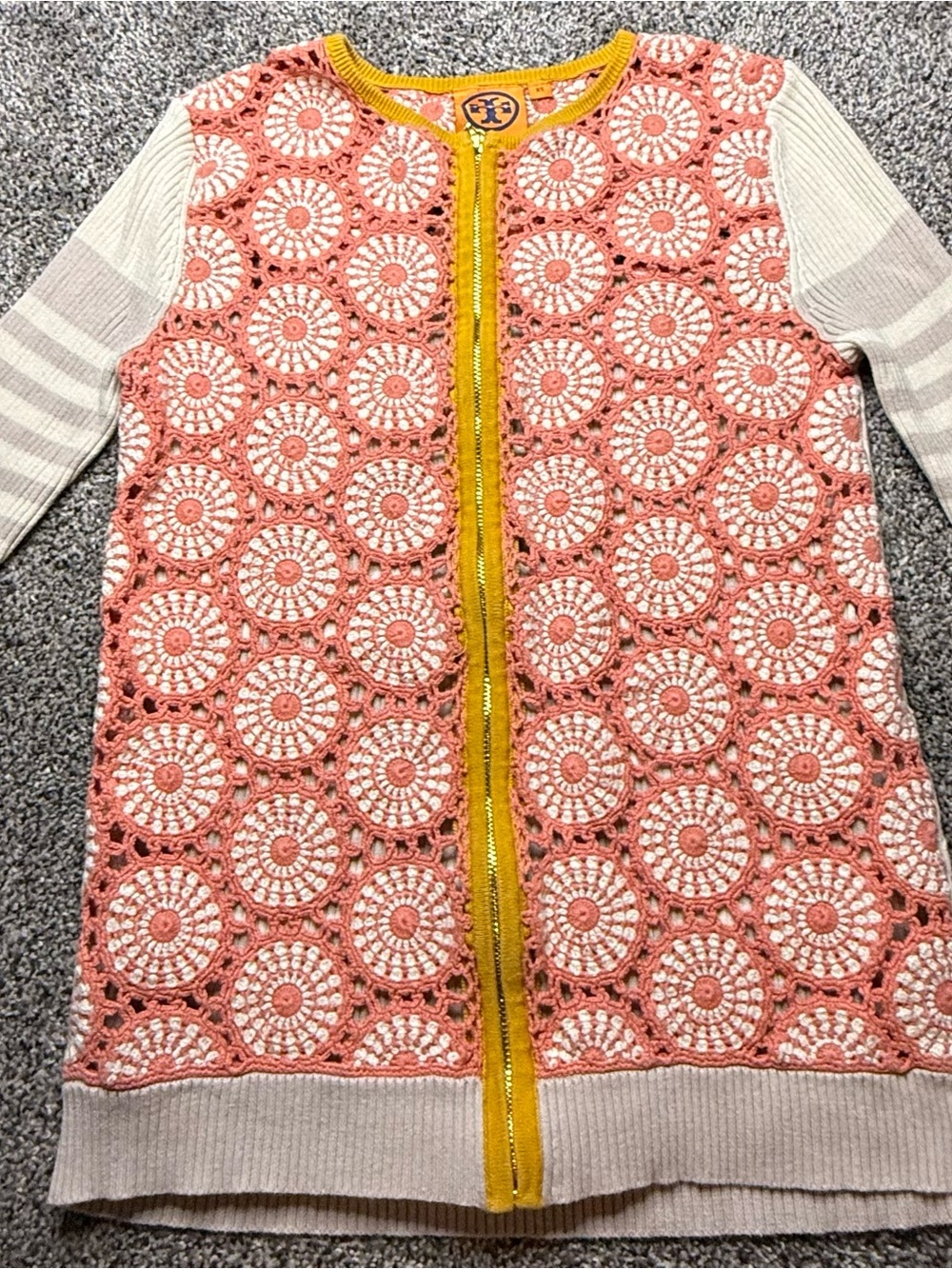 Tory Burch Coral Crochet Zip Cardigan with Yellow Trim and Cream Sleeves